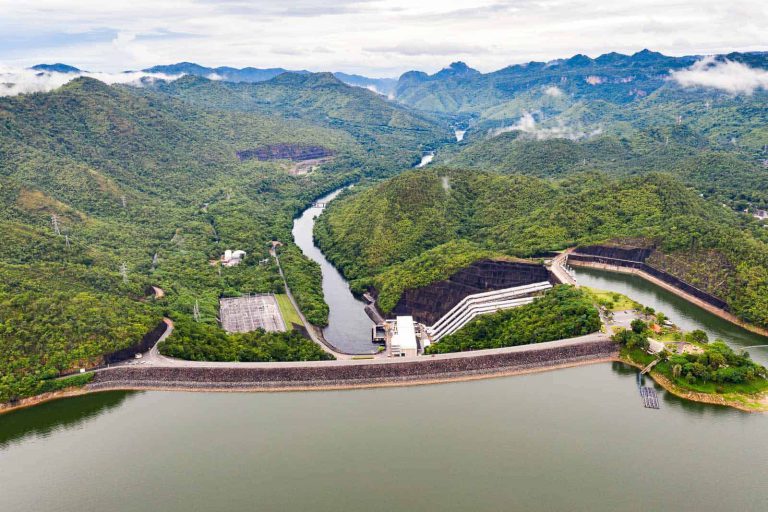Scenery Of Dam In Tropical Rainforest With Hydro Power Plant In