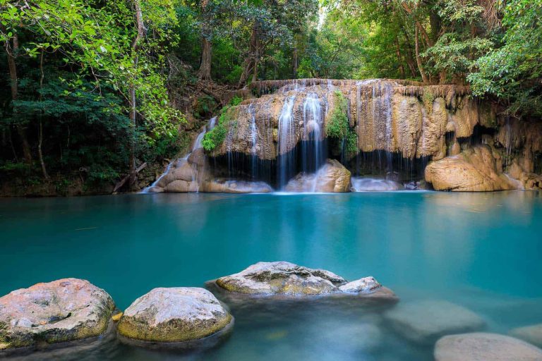 Erawan Waterfall With Emerald Green Natural Pond Great For Swimming
