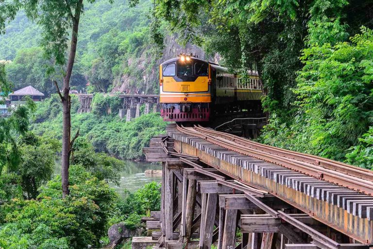 Train On The Thai Burma Railway Near Tham Kra Sae Station Kanchanaburi, Thailand