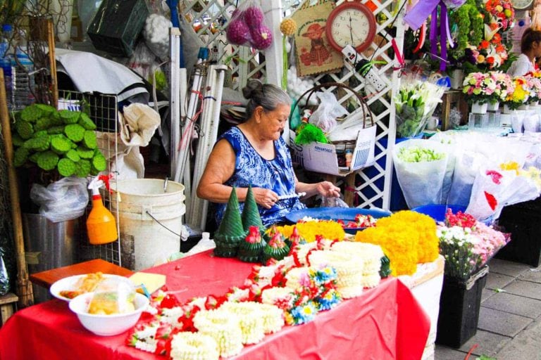 Old Lady Making Flower Garland At The Flower Market, Pak Khlong Talat