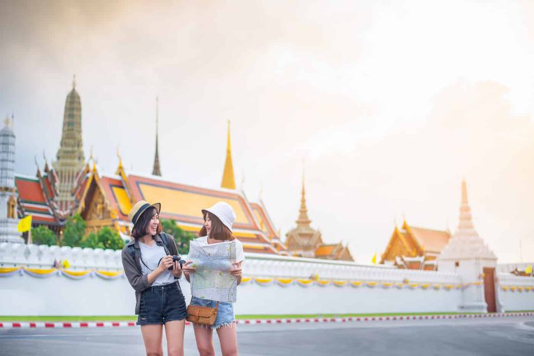 Young Asian Travel Girls Are Enjoying With Beautiful Place In Bangkok, Thailand