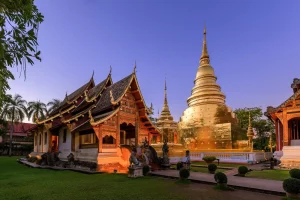 chapel golden pagoda wat phra singh woramahawihan chiang mai twilight night with stars sky