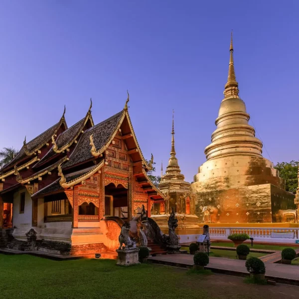 chapel golden pagoda wat phra singh woramahawihan chiang mai twilight night with stars sky